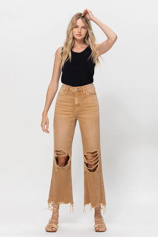 90's Vintage Distressed Crop Flare Jeans in Kiss of California Denim Wash