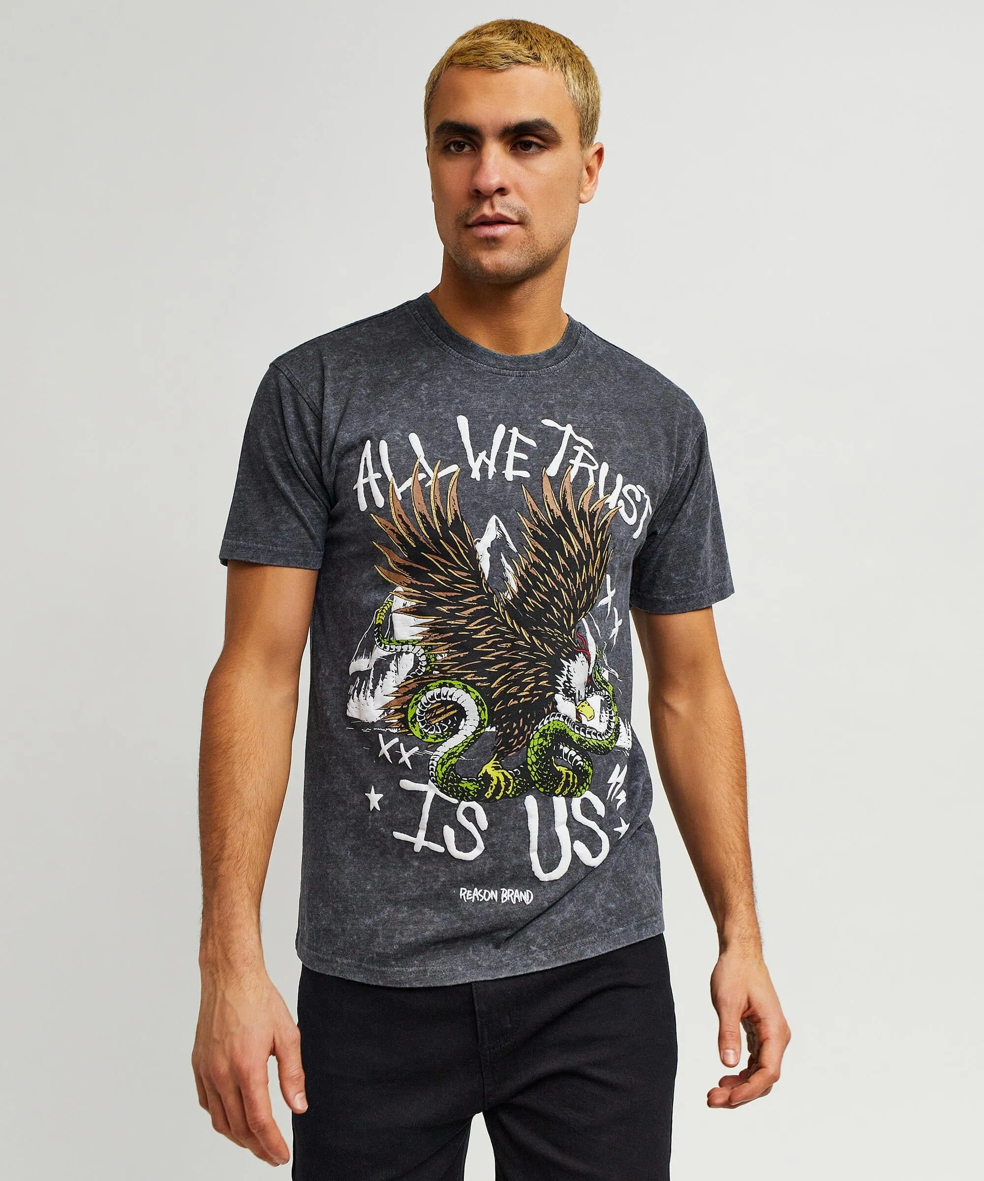 All We Trust Burnout Wash Short Sleeve Graphic Print Tee - Charcoal