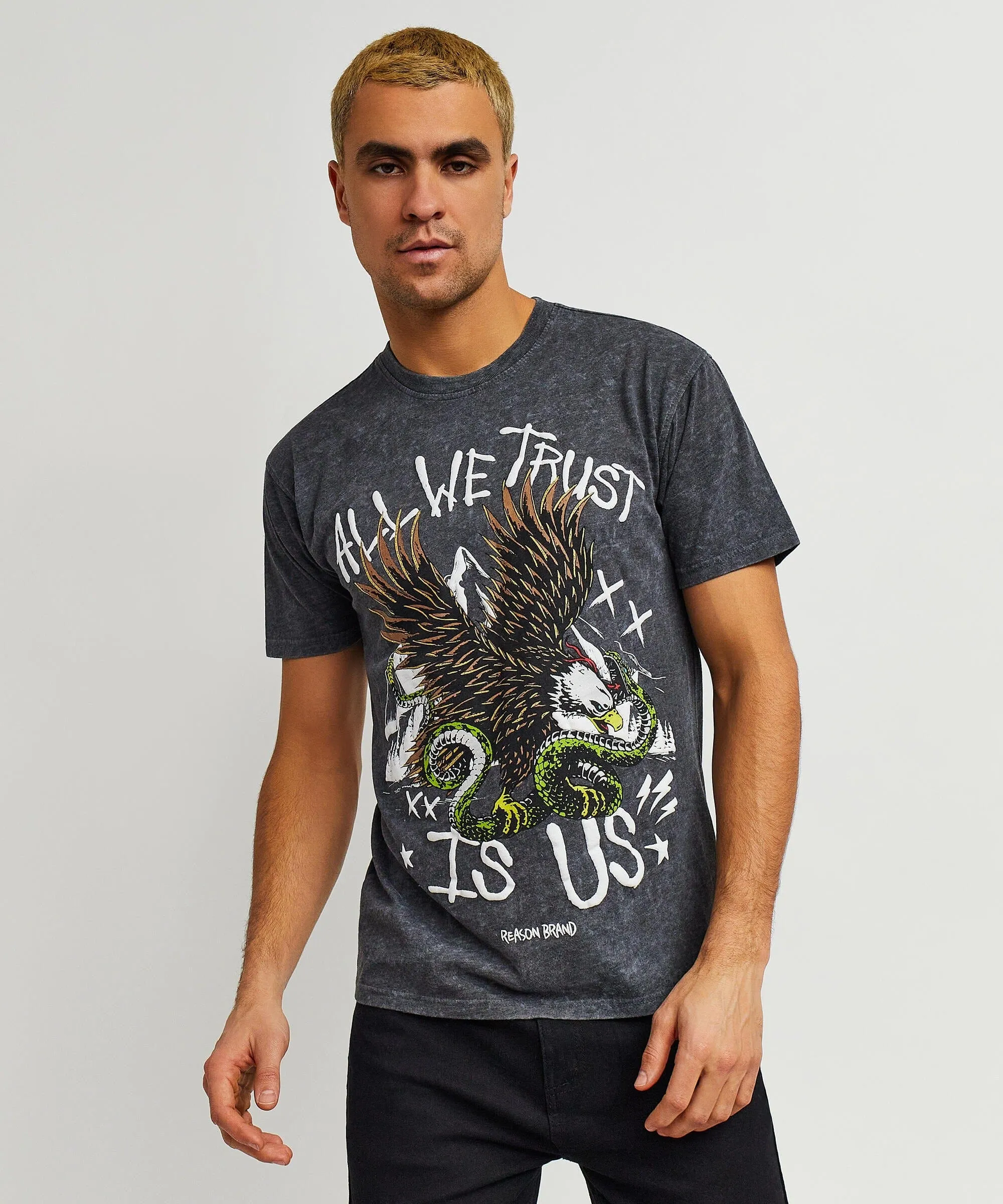 All We Trust Burnout Wash Short Sleeve Graphic Print Tee - Charcoal