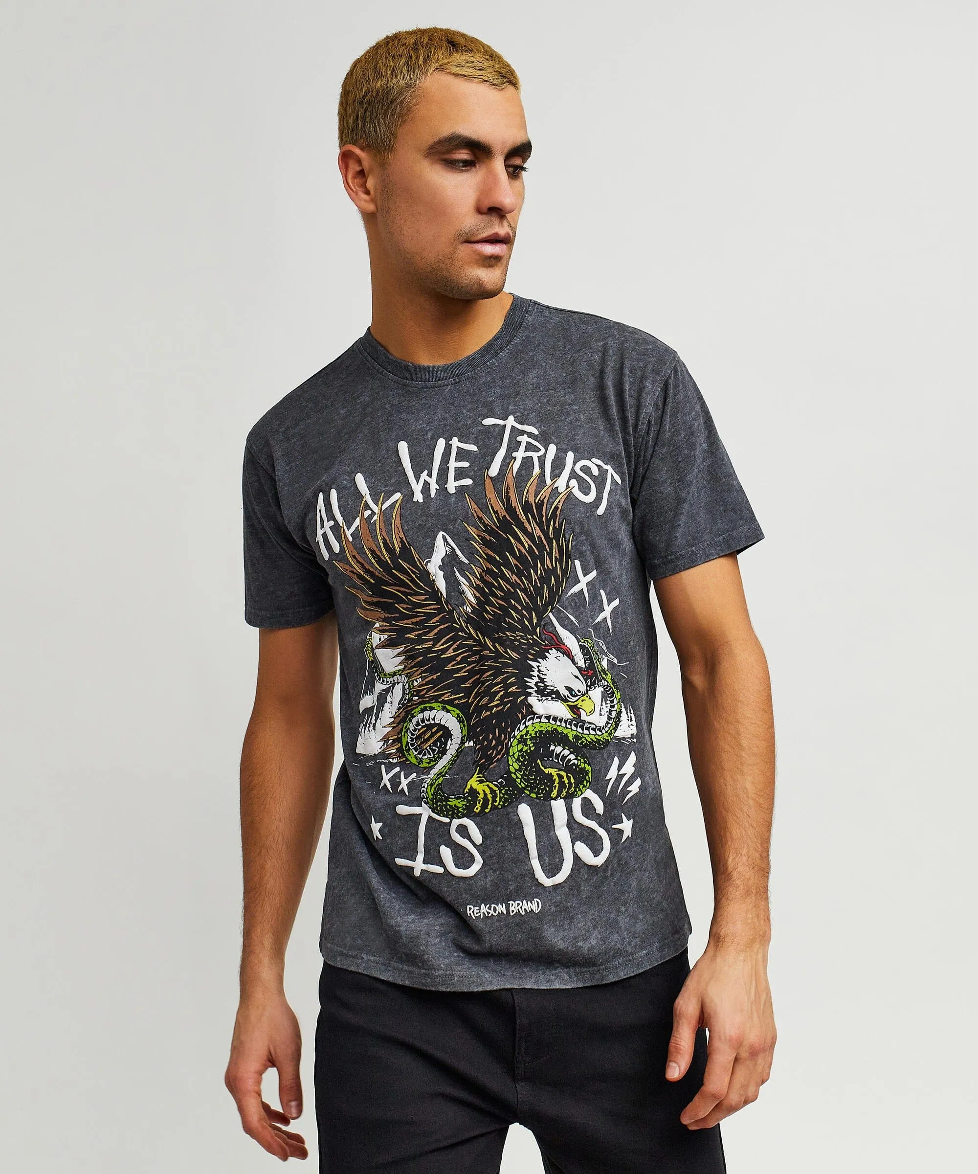 All We Trust Burnout Wash Short Sleeve Graphic Print Tee - Charcoal