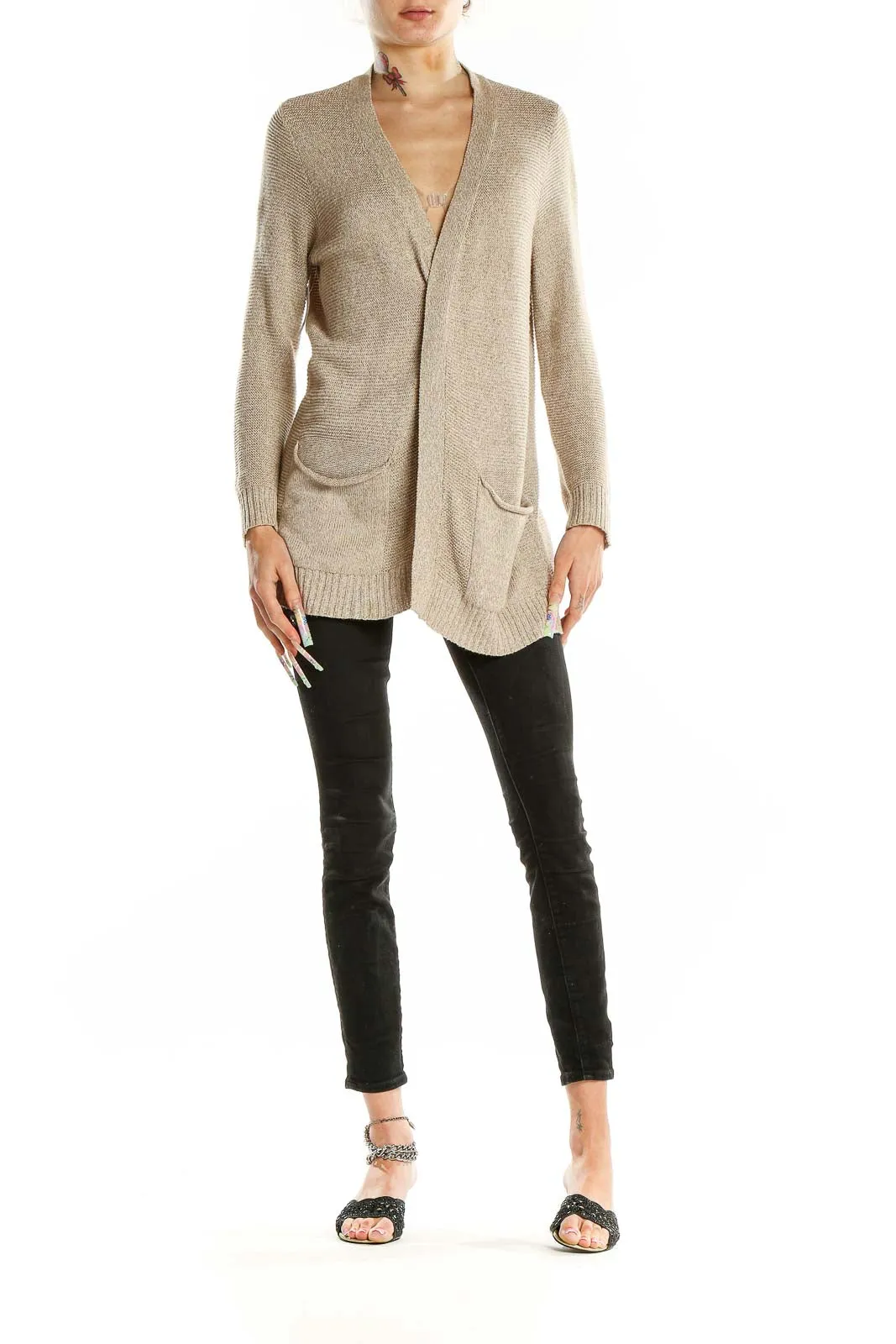 Beige Cozy Open-Front Cardigan