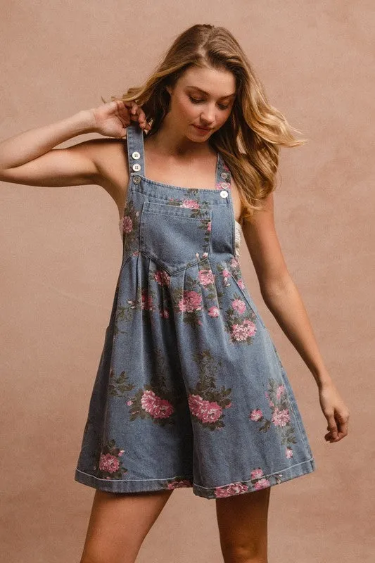 BiBi Flower Printed Wide Strap Denim Short Overalls