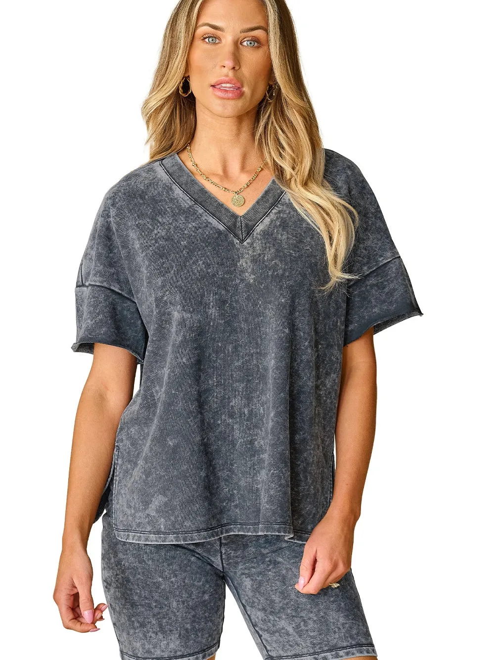 Black Acid Washed Loungewear Set with V-Neck T-Shirt and Skinny Shorts