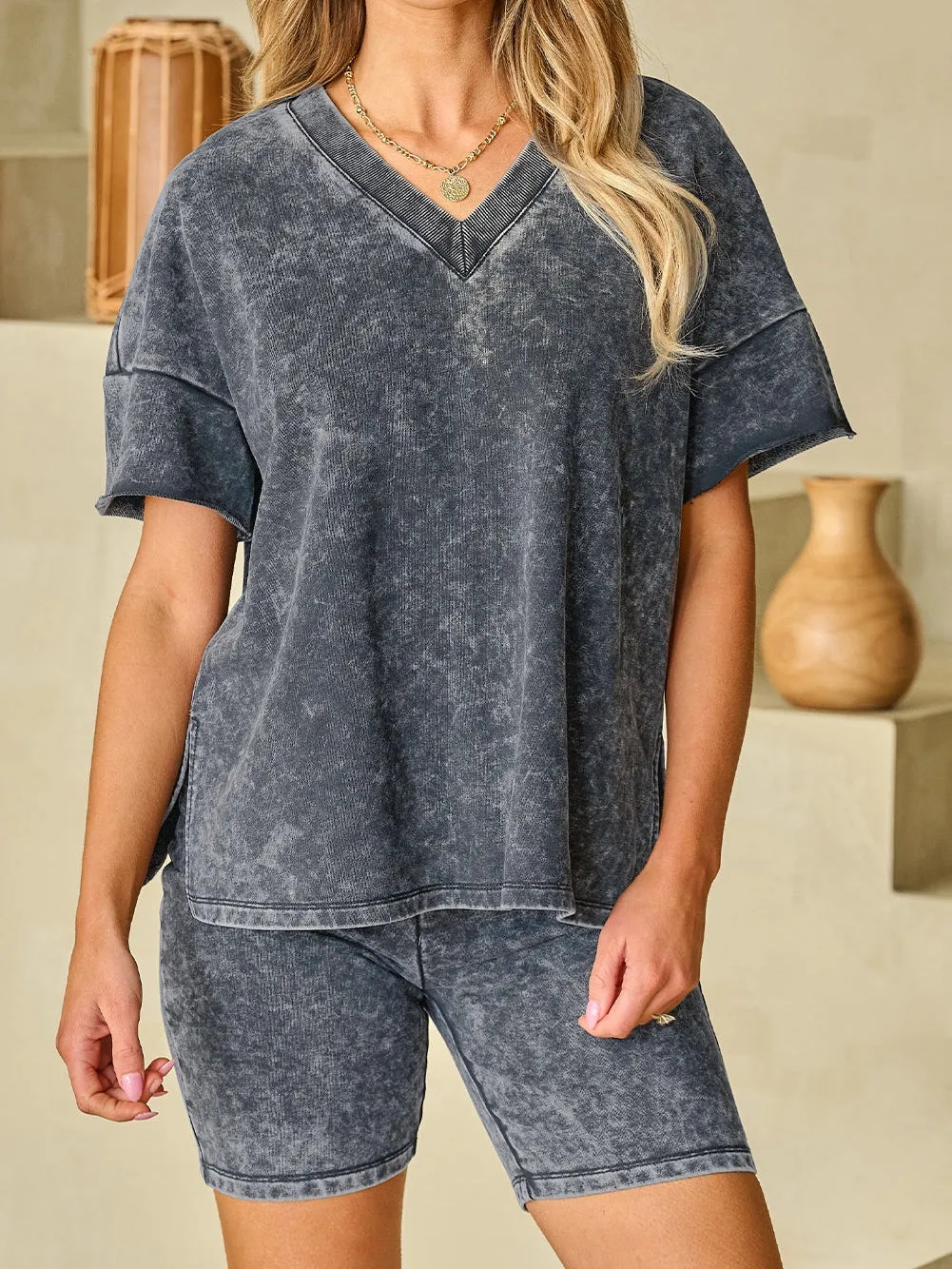 Black Acid Washed Loungewear Set with V-Neck T-Shirt and Skinny Shorts