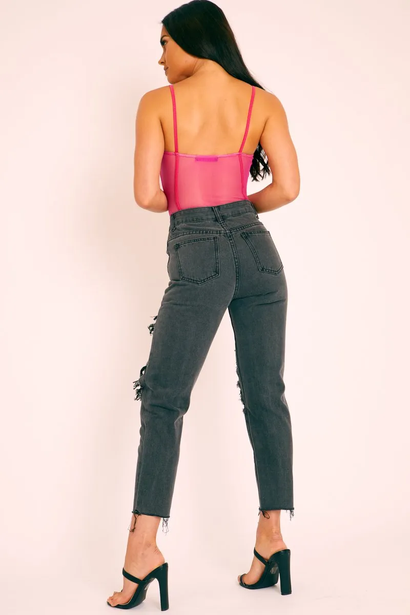 Black Washed Denim Extreme Distressed Mom Jeans - Elara