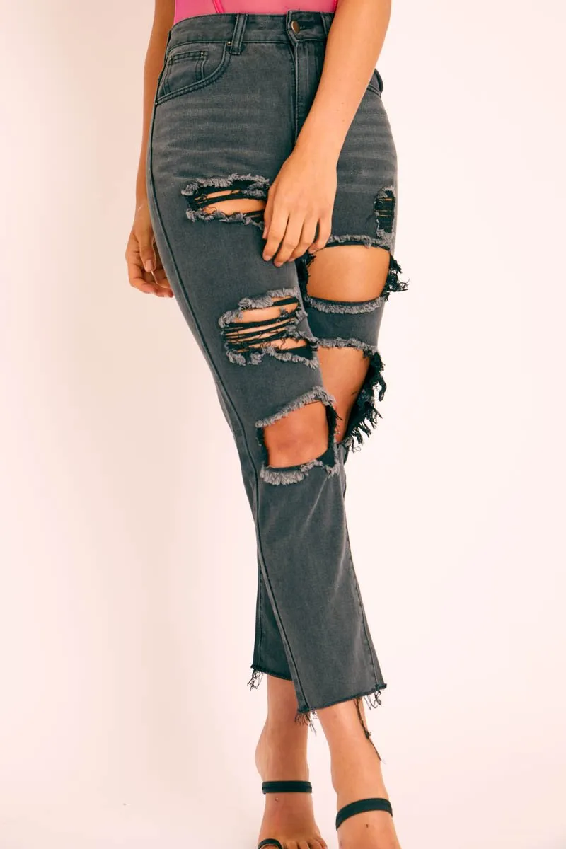 Black Washed Denim Extreme Distressed Mom Jeans - Elara