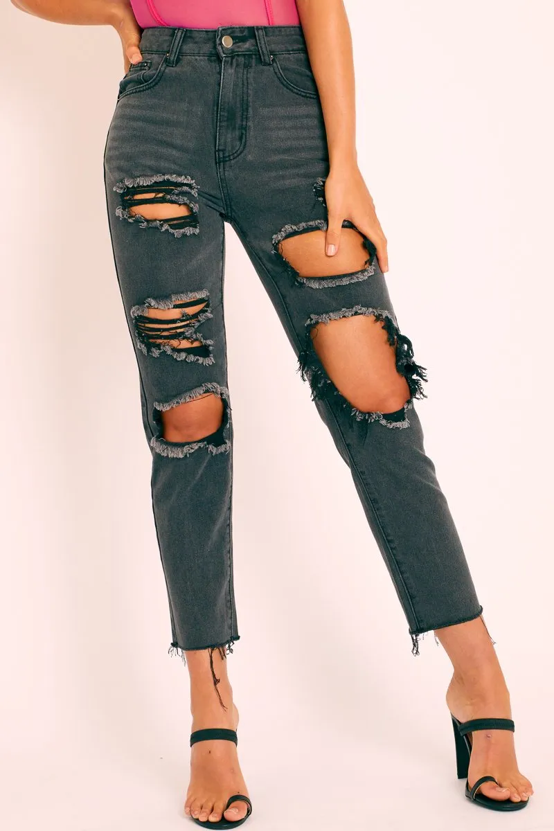 Black Washed Denim Extreme Distressed Mom Jeans - Elara