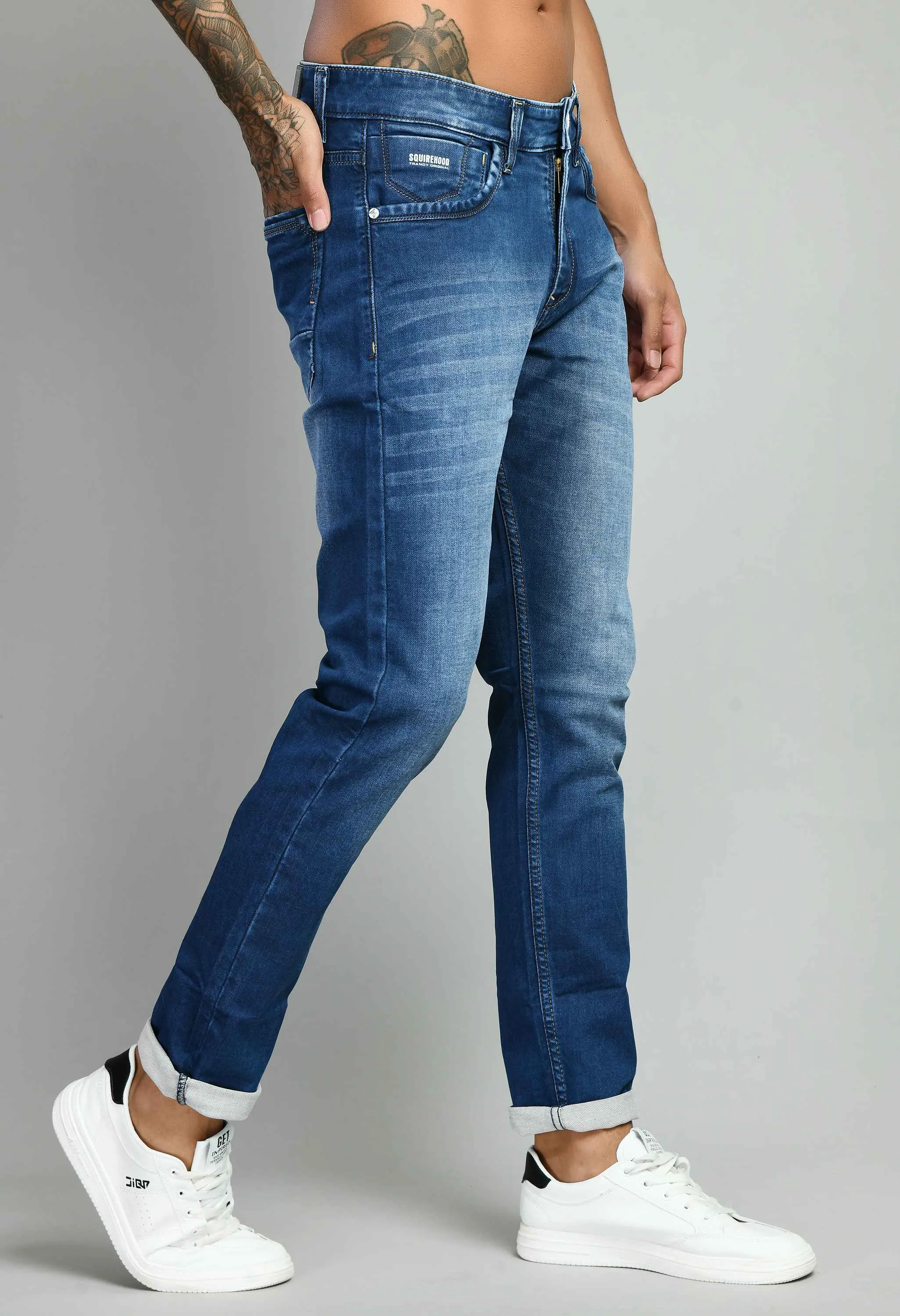 Blue Mid Rise Solid Slim Fit Jeans