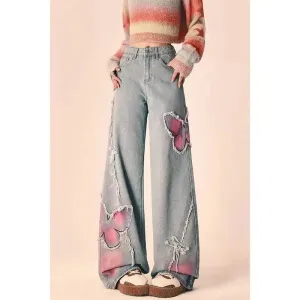 Boho Butterfly Embroidered Wide-Leg Jeans