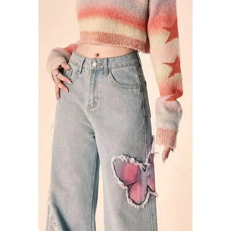 Boho Butterfly Embroidered Wide-Leg Jeans