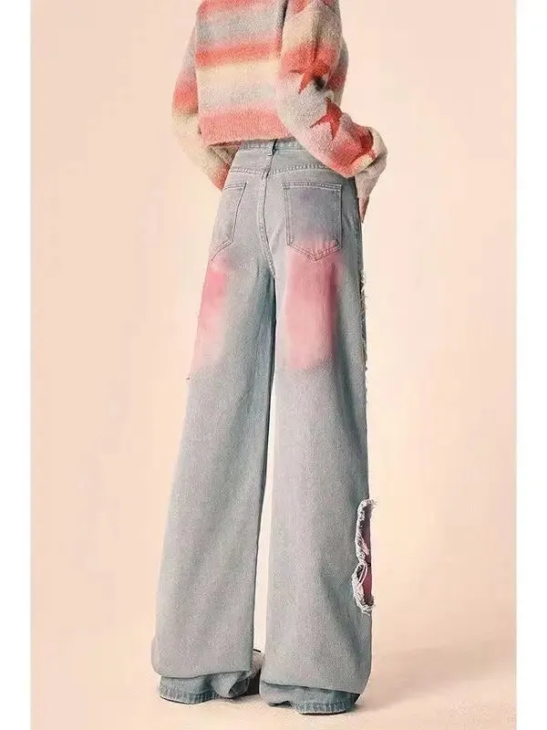 Boho Butterfly Embroidered Wide-Leg Jeans