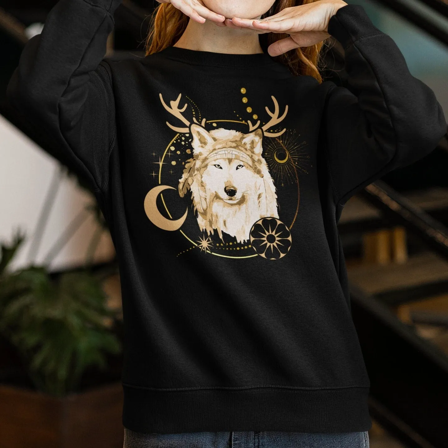 Boho Chic Wolf T-Shirt, Golden Accents, Nature Inspired, Unisex Graphic Tee, Modern Tribal Wolf Art,