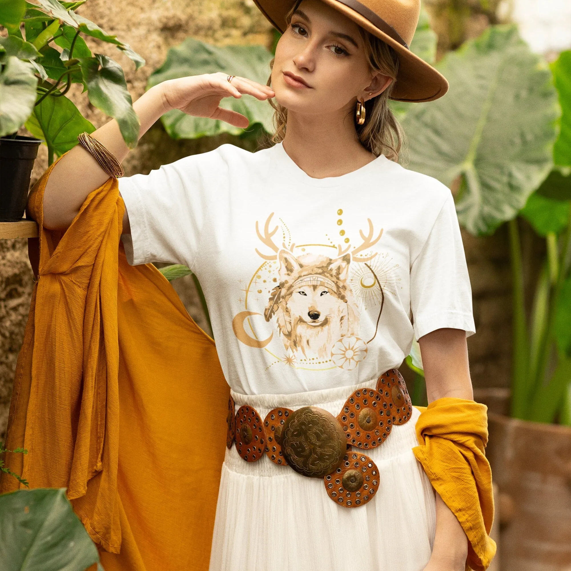 Boho Chic Wolf T-Shirt, Golden Accents, Nature Inspired, Unisex Graphic Tee, Modern Tribal Wolf Art,