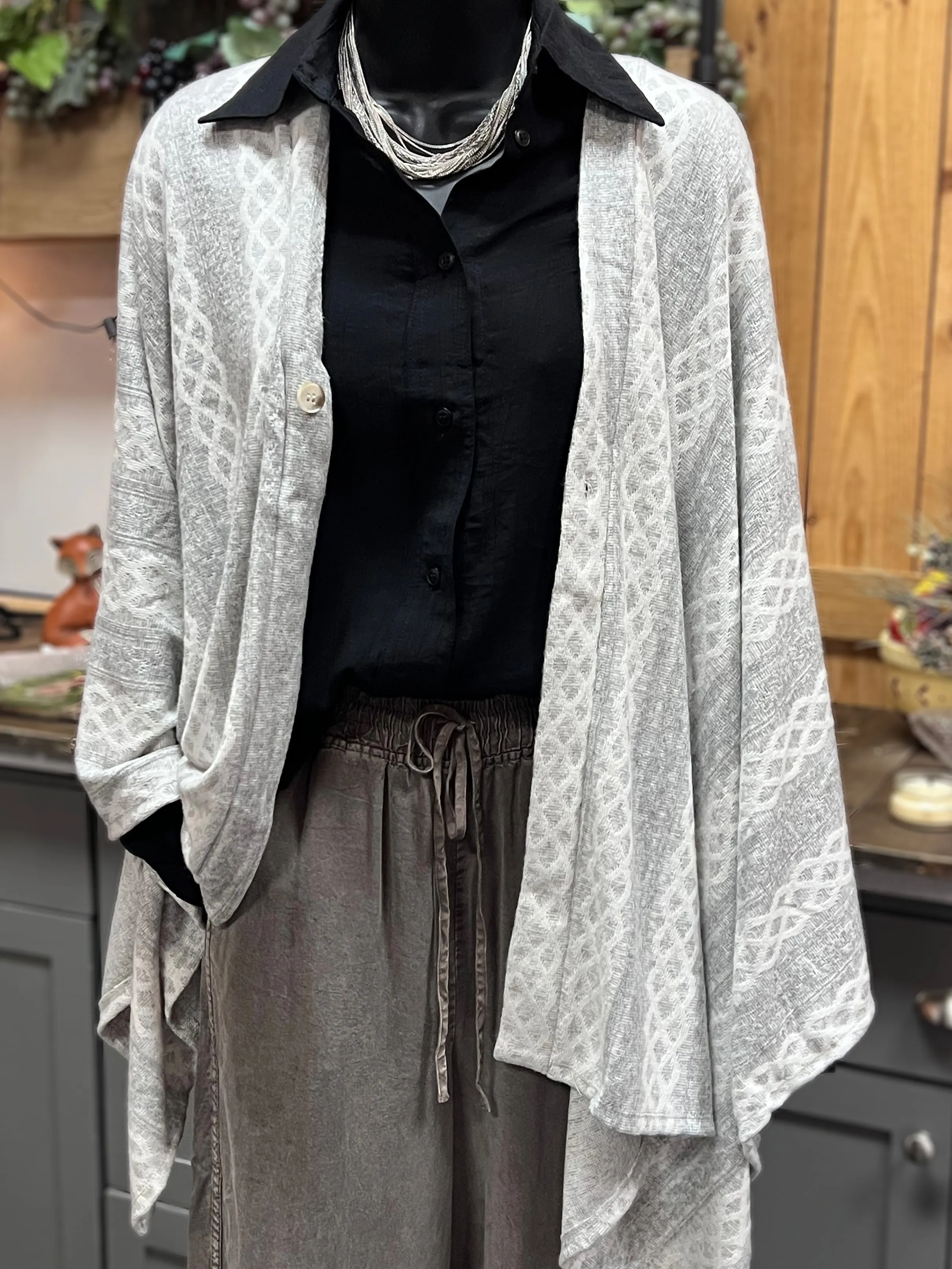 Cable Knit Poncho Cardigan in Heather Grey