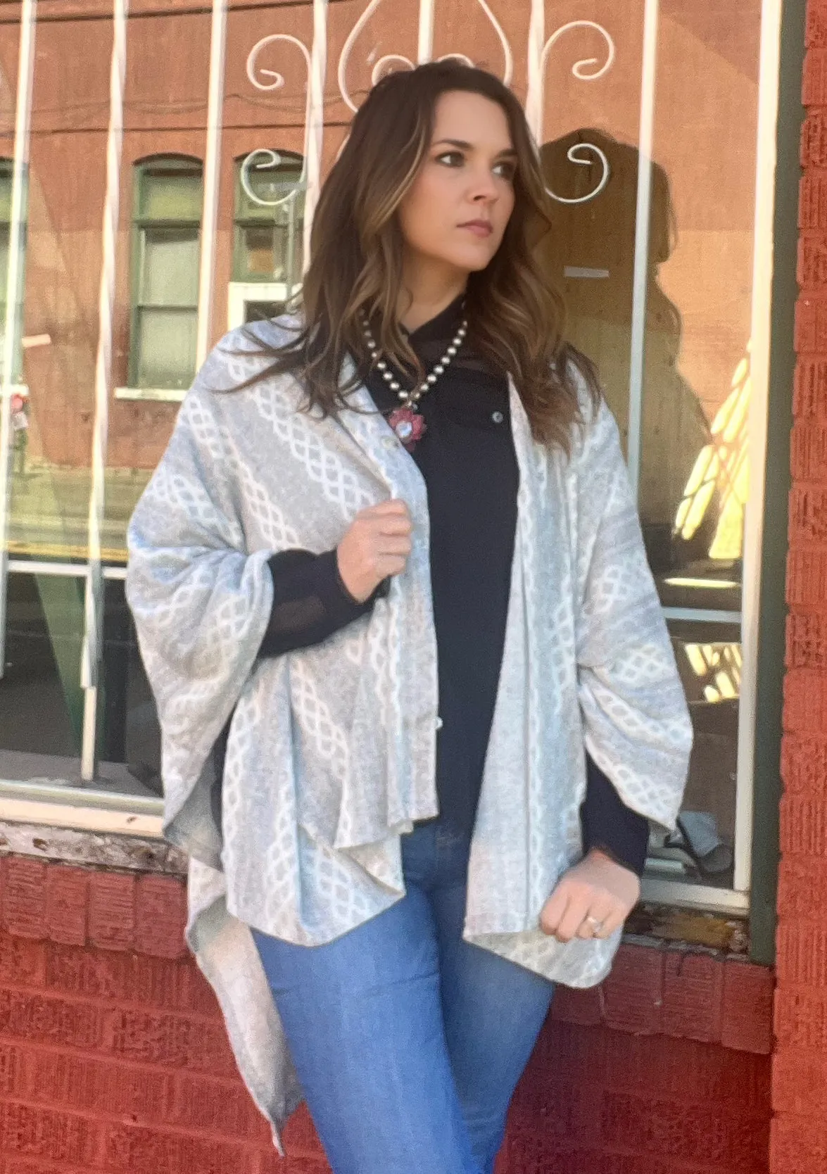 Cable Knit Poncho Cardigan in Heather Grey