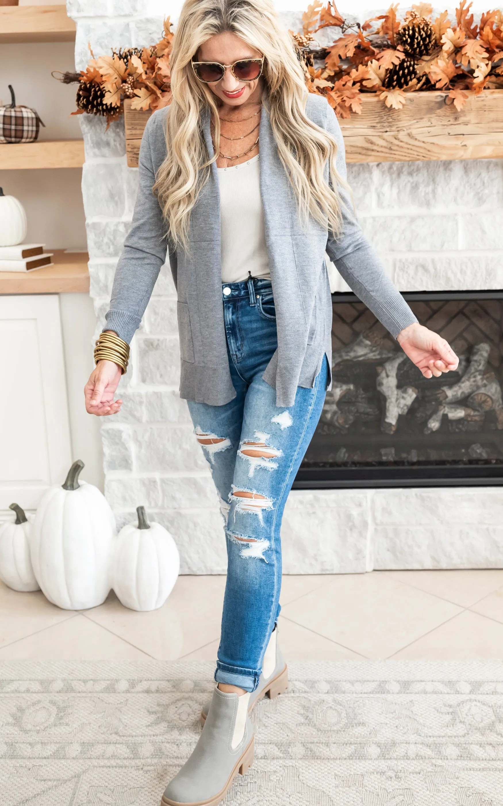 Charcoal Open Front Cardigan with Pockets - Final Sale