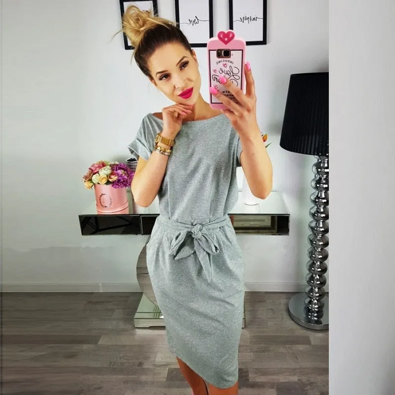 Cotton Wrap Short Sleeve Loose T Shirt Midi Dress