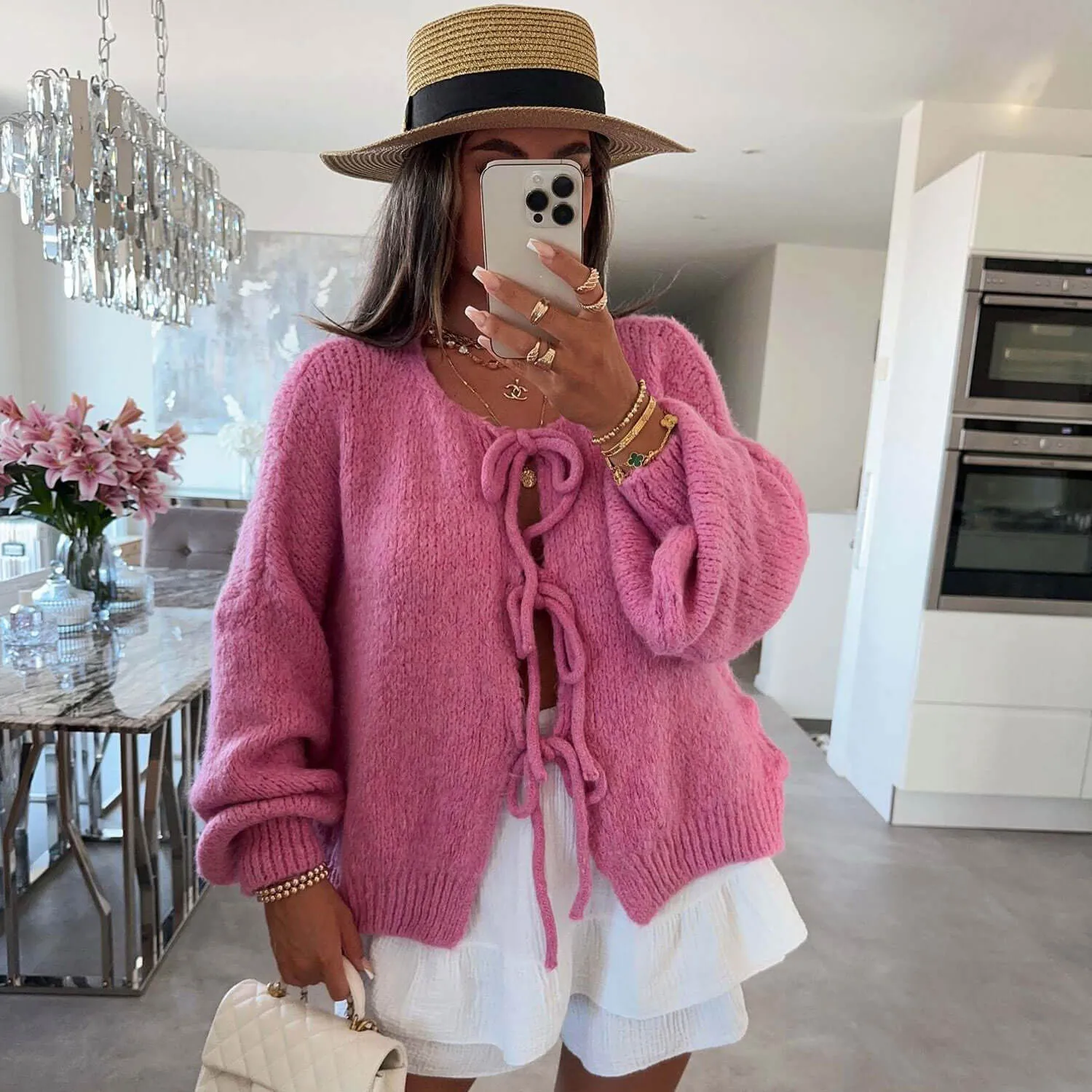 Cute Crew Neck Drop Shoulder Blouson Sleeve Oversized Bow Tie Cardigan