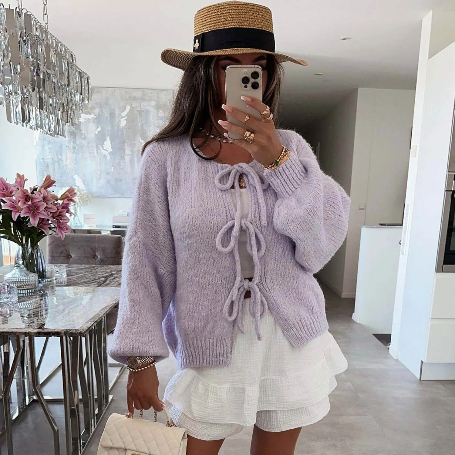 Cute Crew Neck Drop Shoulder Blouson Sleeve Oversized Bow Tie Cardigan