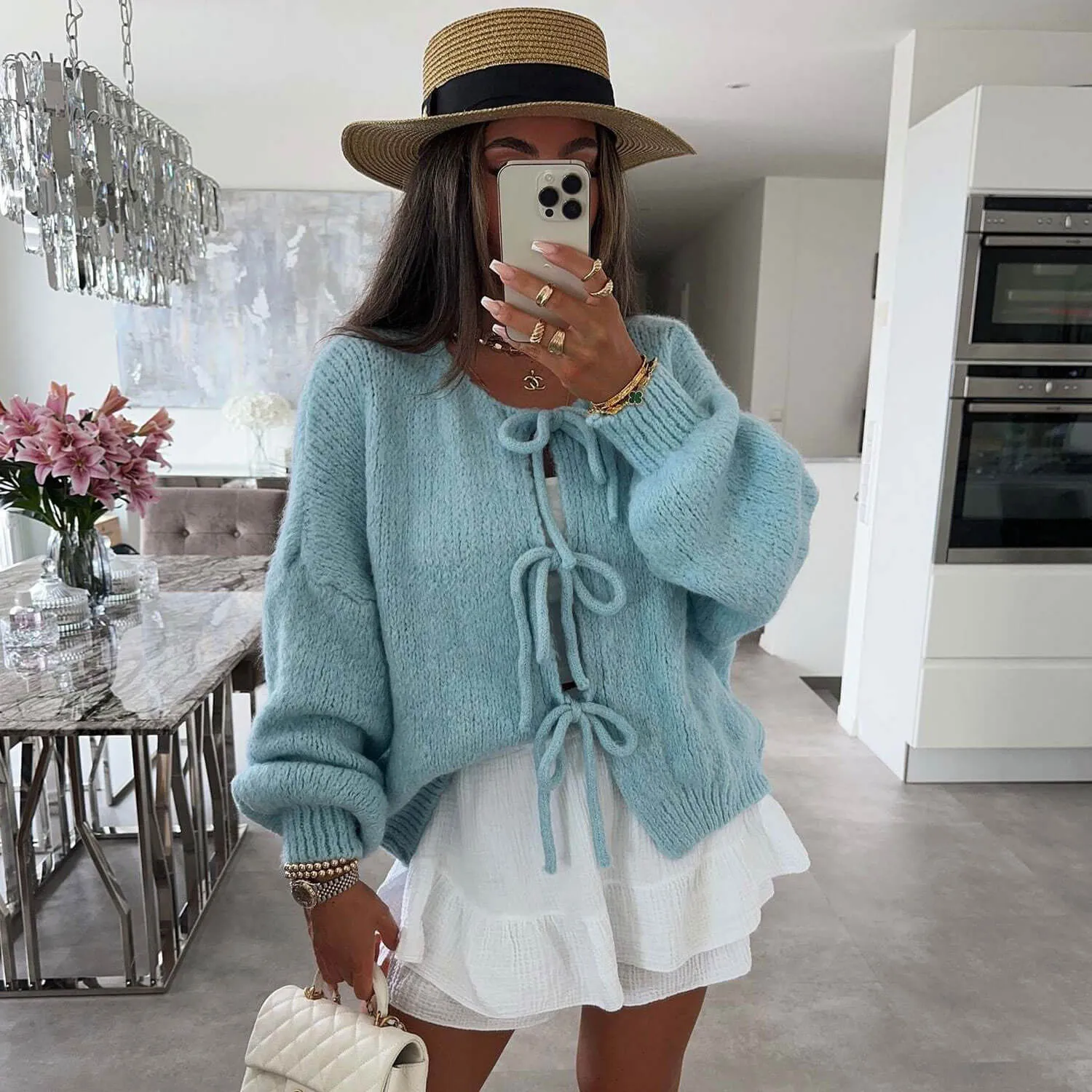 Cute Crew Neck Drop Shoulder Blouson Sleeve Oversized Bow Tie Cardigan