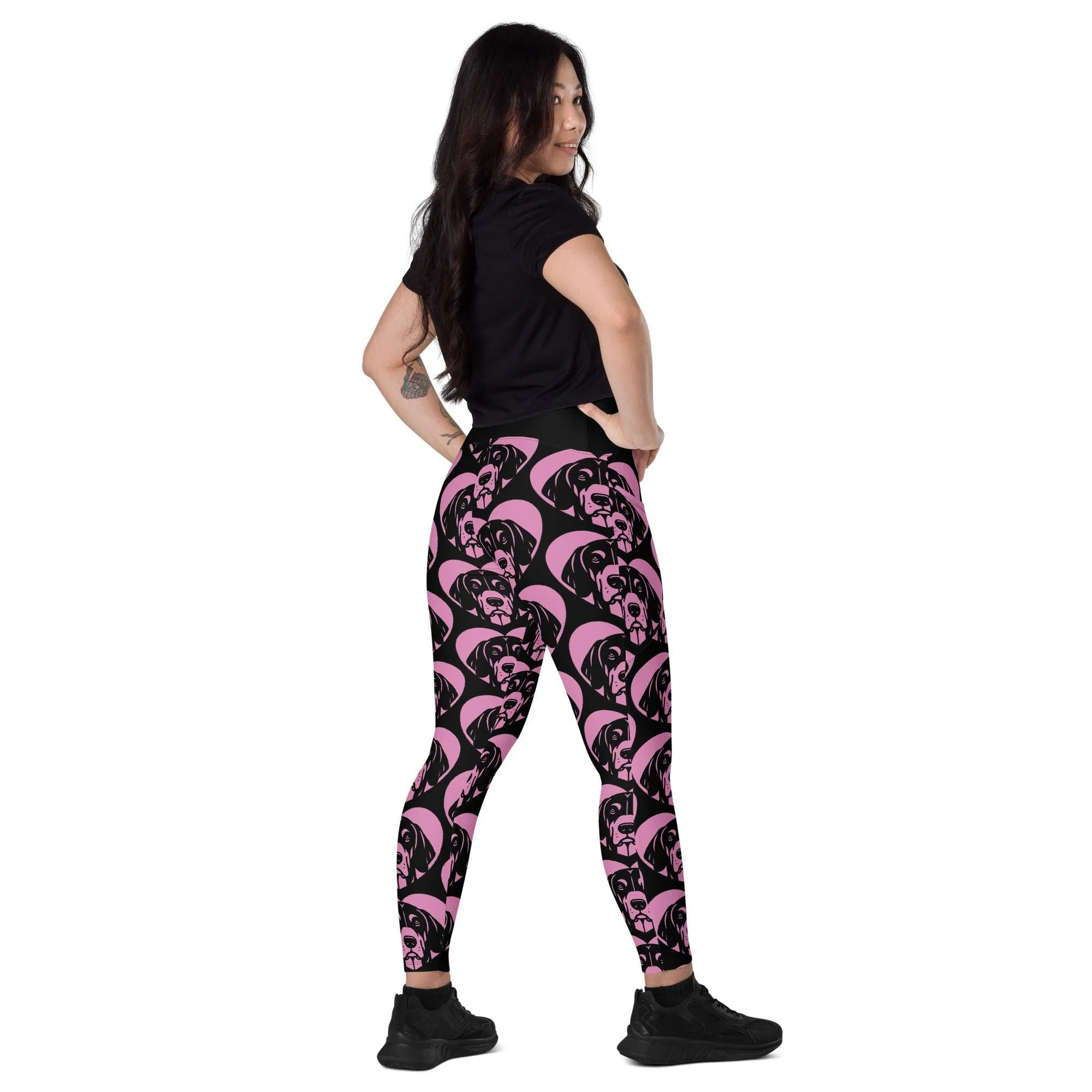 DOG BREED LEGGINGS with pockets - BLACK AND TAN COONHOUND - HERTTAHOUND - pink