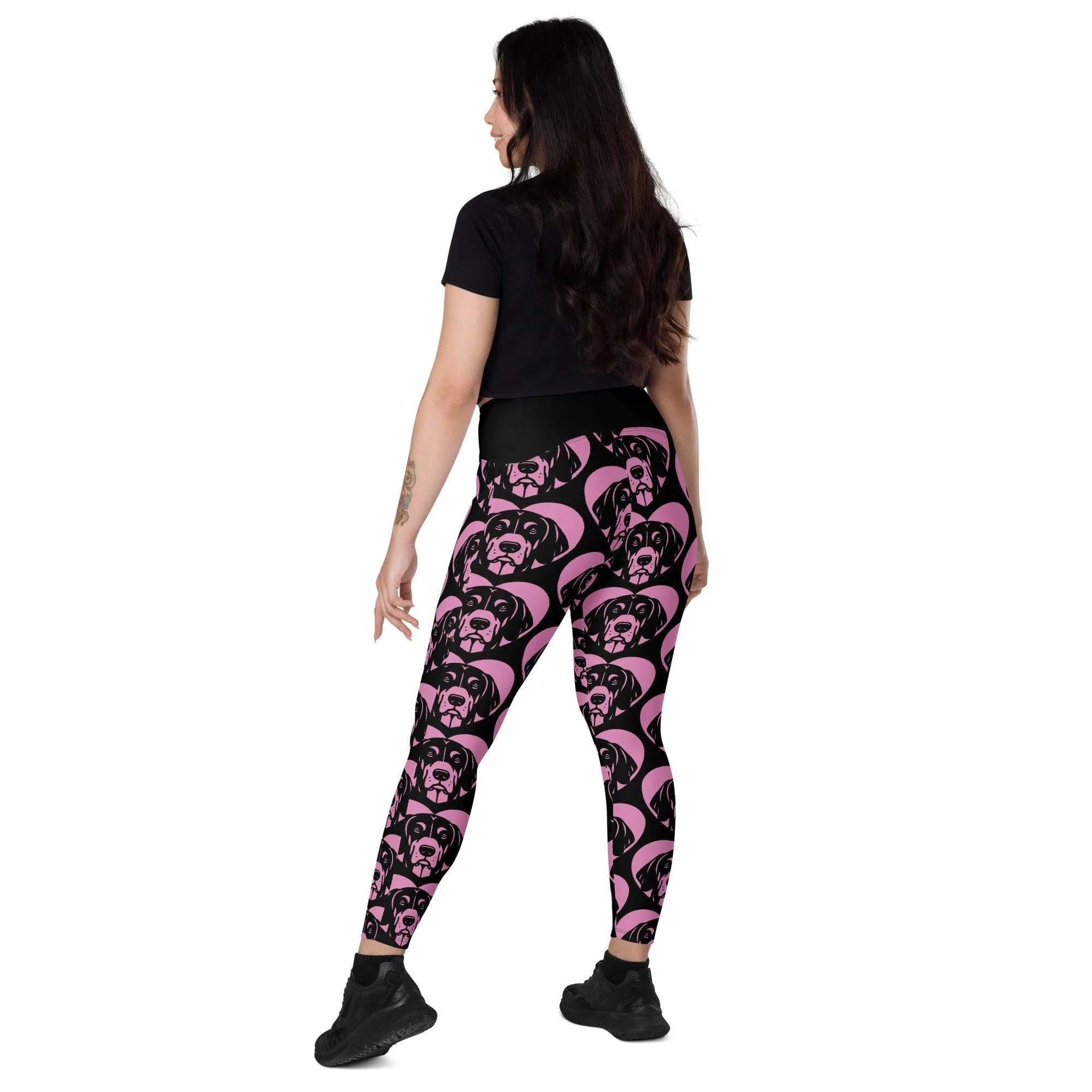 DOG BREED LEGGINGS with pockets - BLACK AND TAN COONHOUND - HERTTAHOUND - pink