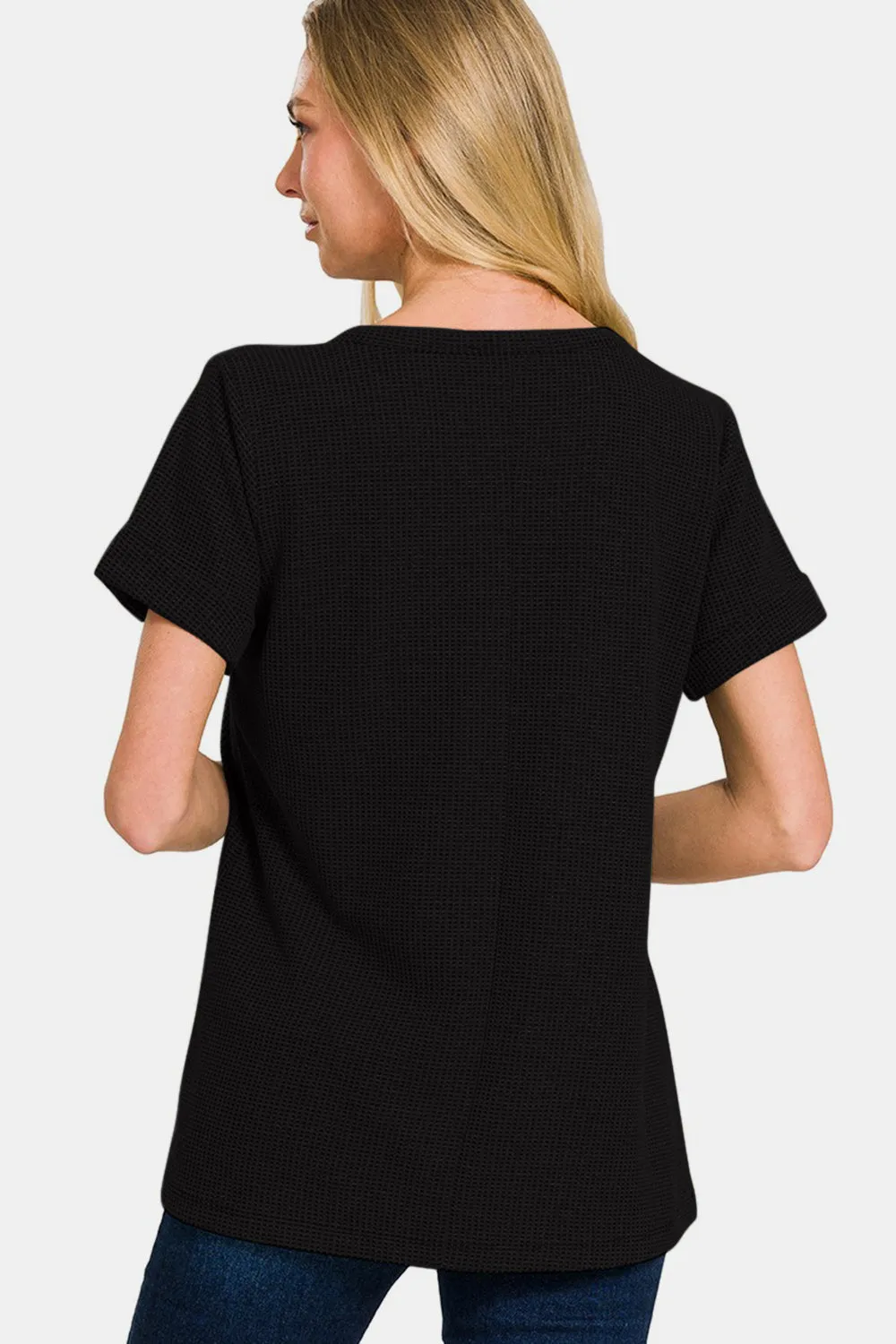 Dolly - Notched Short Sleeve Waffle T-Shirt - Black - Exclusively Online