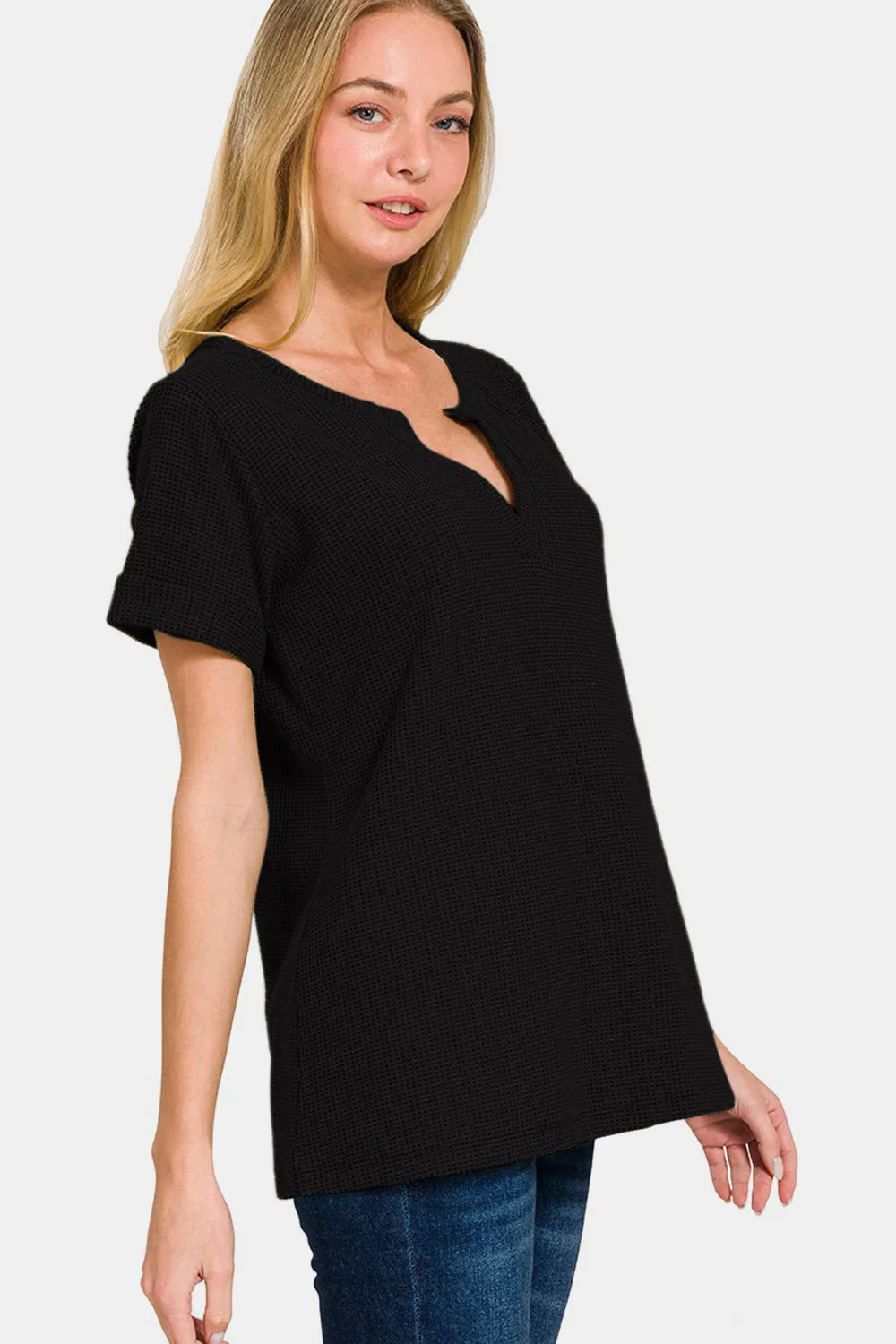 Dolly - Notched Short Sleeve Waffle T-Shirt - Black - Exclusively Online