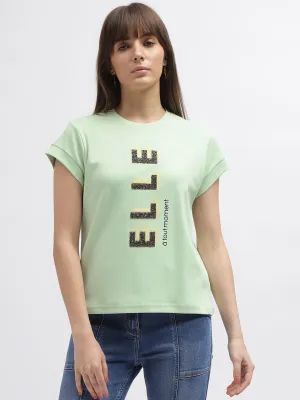 Elle Women Green Printed Round Neck Short Sleeves T-Shirt