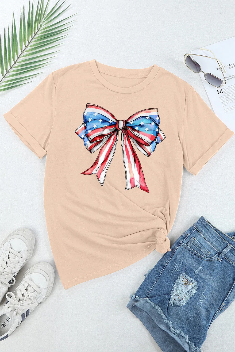 Explore More Collection - Bow Graphic Round Neck Short Sleeve T-Shirt