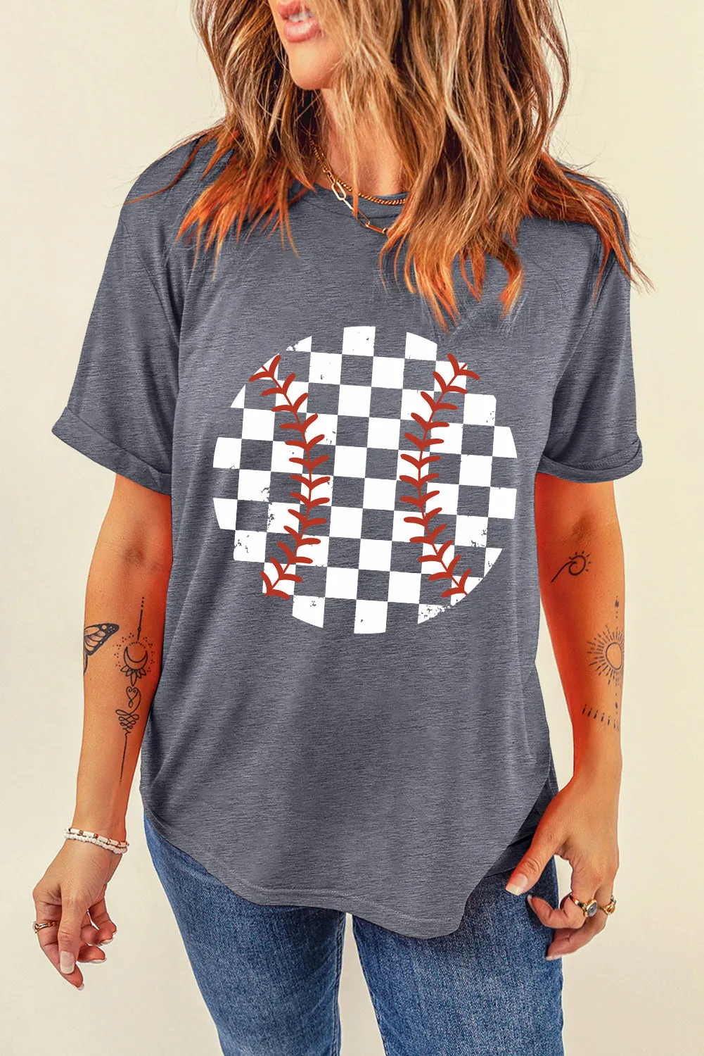 Explore More Collection - Checkered Graphic Round Neck Short Sleeve T-Shirt