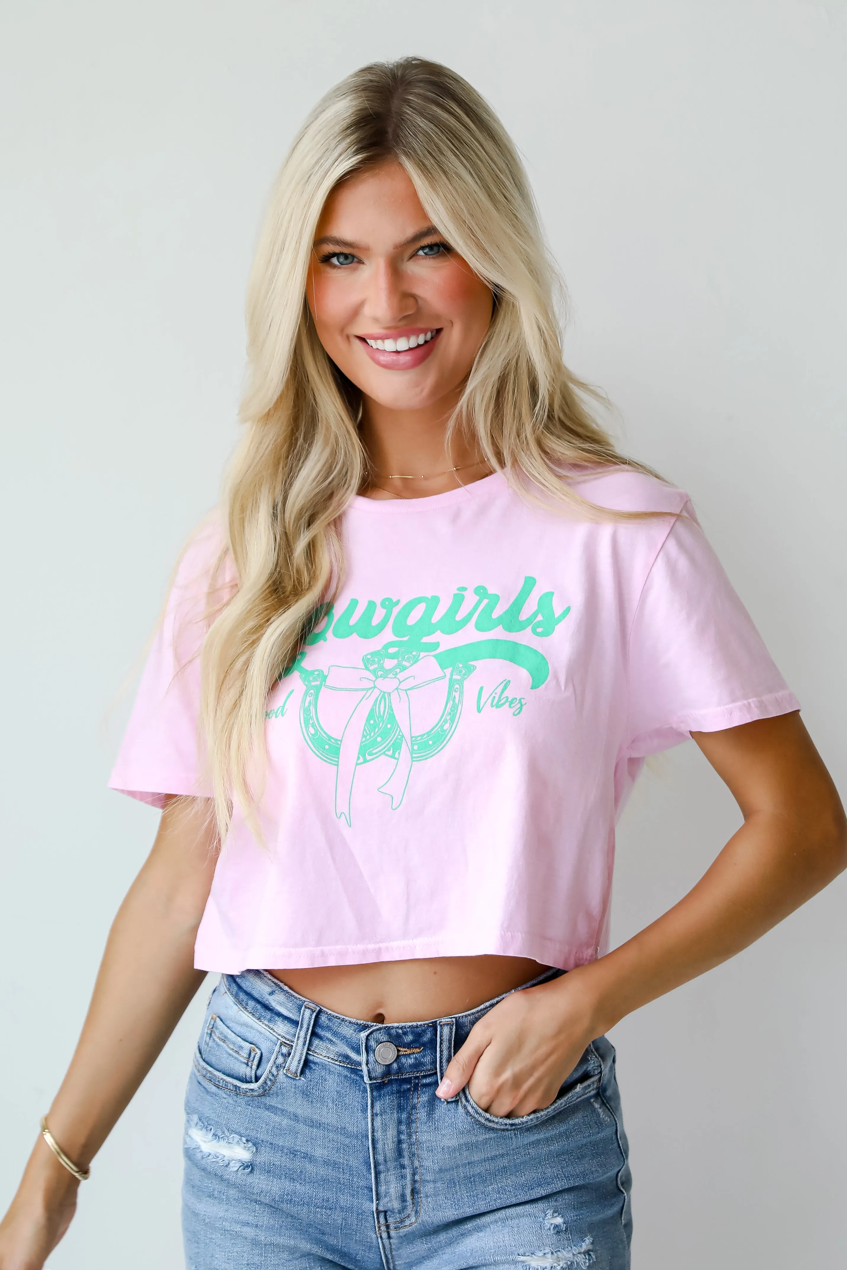 FINAL SALE - Cowgirls Good Vibes Light Pink Cropped Graphic Tee