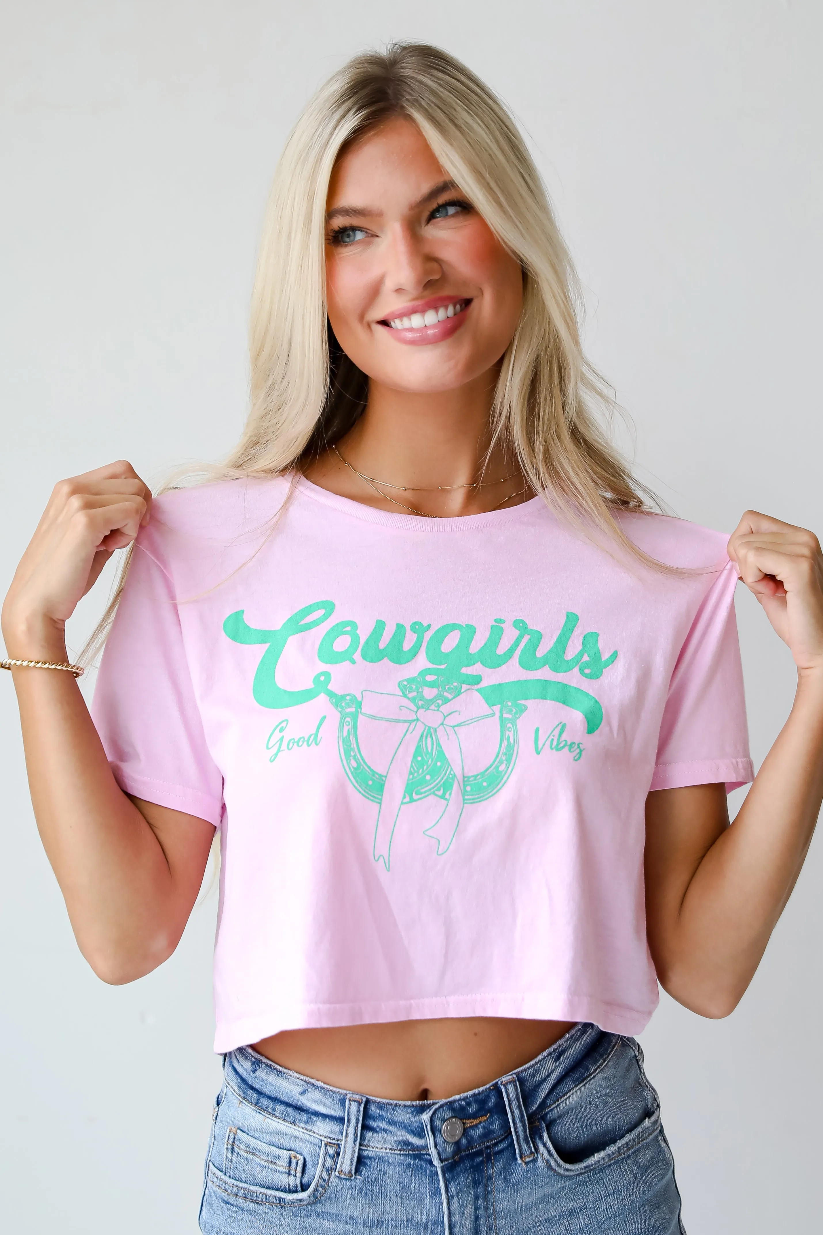 FINAL SALE - Cowgirls Good Vibes Light Pink Cropped Graphic Tee