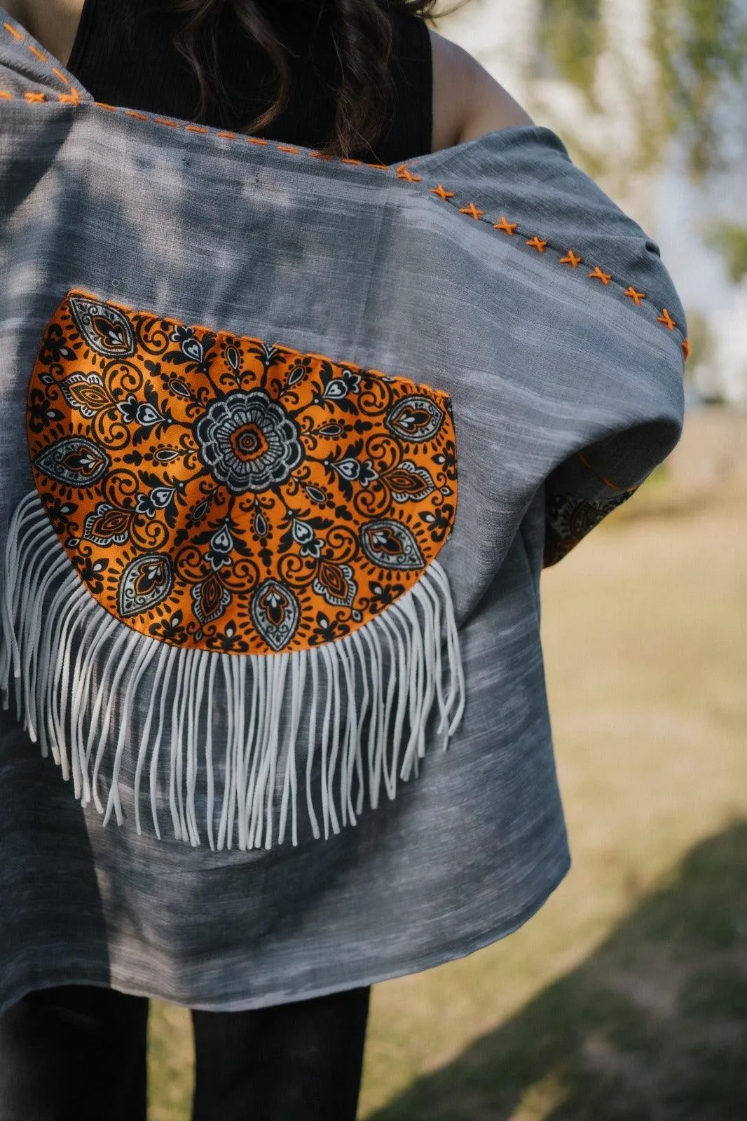 Gray Handmade Cardigan with Unique Motifs and Tassels