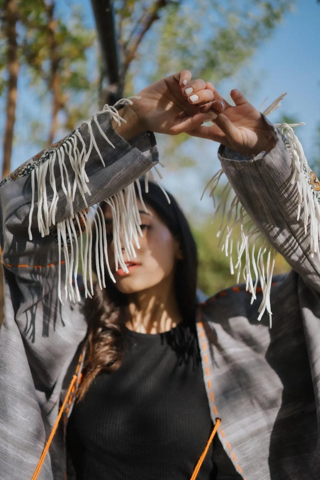 Gray Handmade Cardigan with Unique Motifs and Tassels