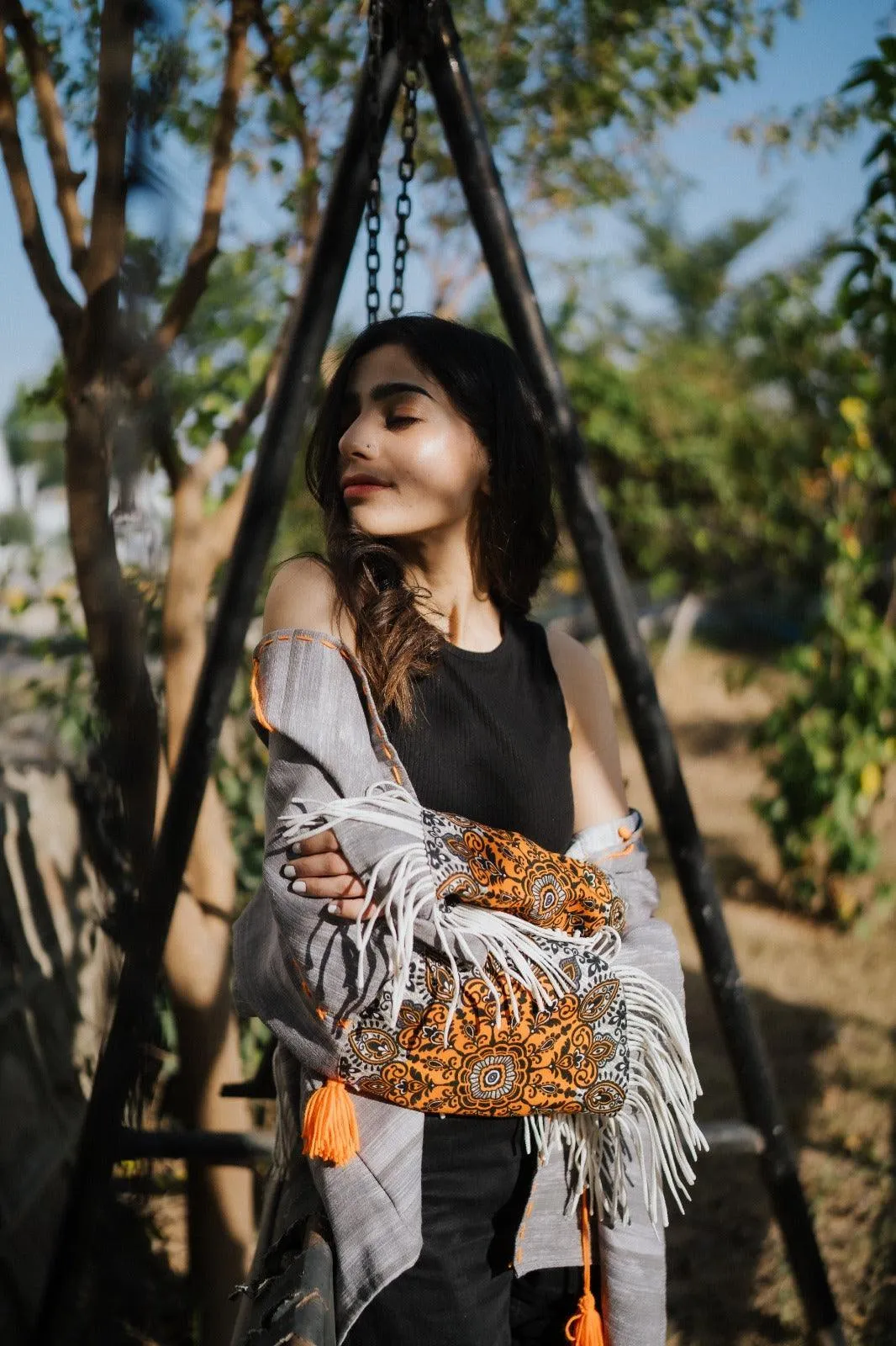 Gray Handmade Cardigan with Unique Motifs and Tassels