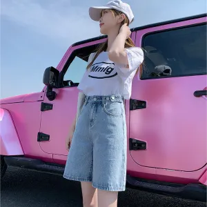 High waist cowboy shorts female summer loose thin five pants straight black jeans