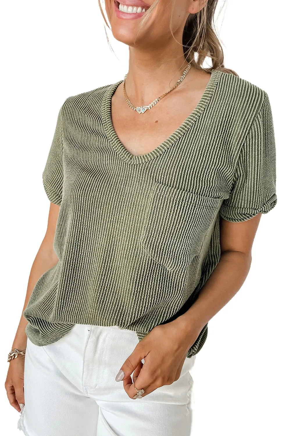 Laurel Green Twist Short Sleeve Corded V Neck Top