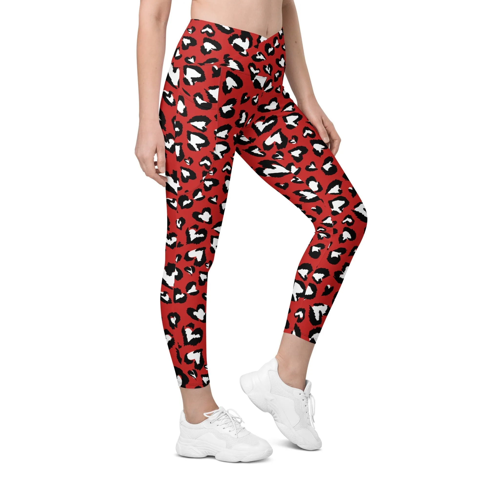 Leopard Hearts Crossover Leggings With Pockets