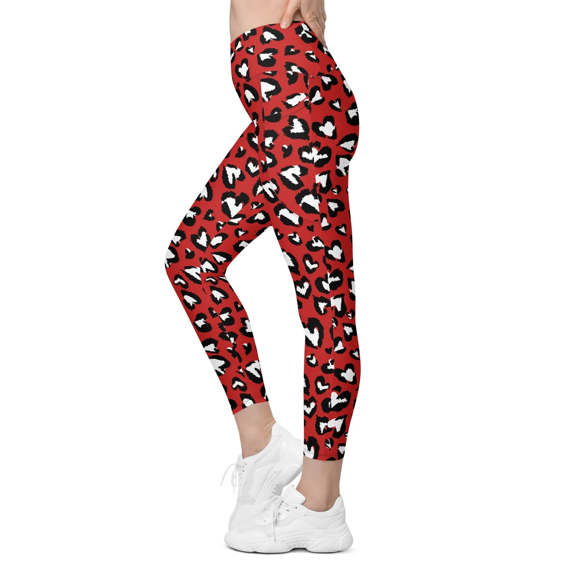 Leopard Hearts Crossover Leggings With Pockets