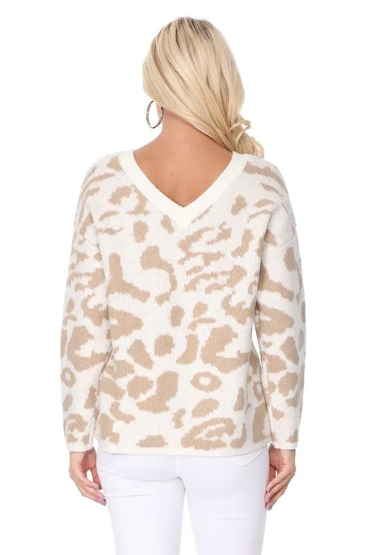 Leopard Pattern Jacquard Sweater Pull Over Top