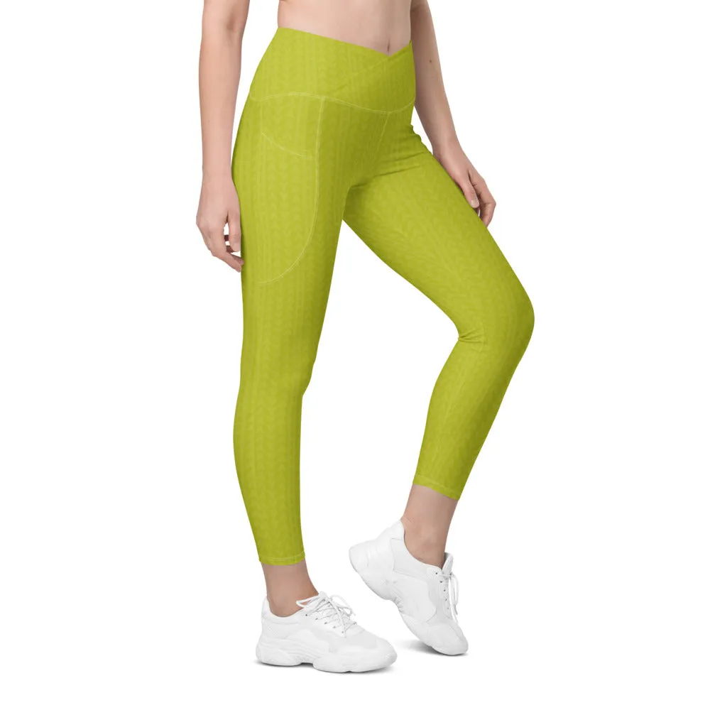 Lime Green High Waisted Crossover Leggings with Pockets