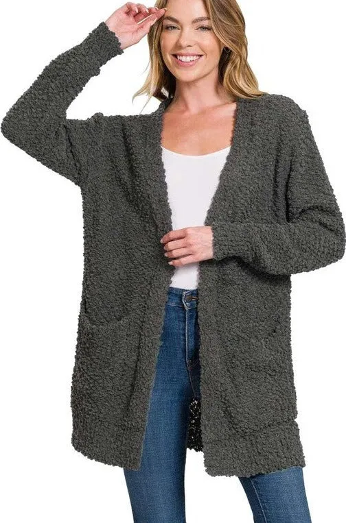 Long Sleeve Popcorn Sweater Cardigan with Pockets