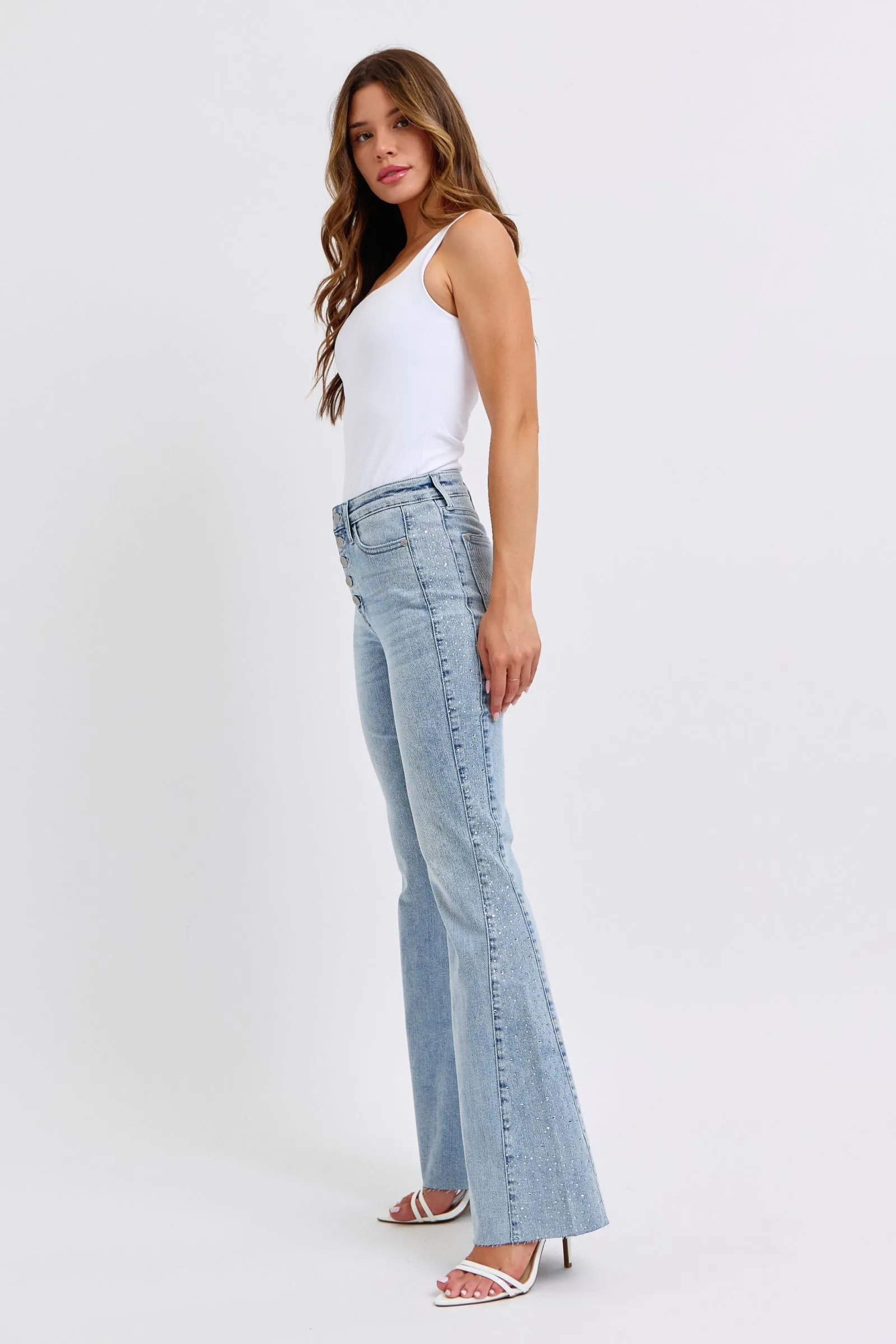 Mid Rise Flare Rhinestone Side Panel Detail Jeans by Judy Blue