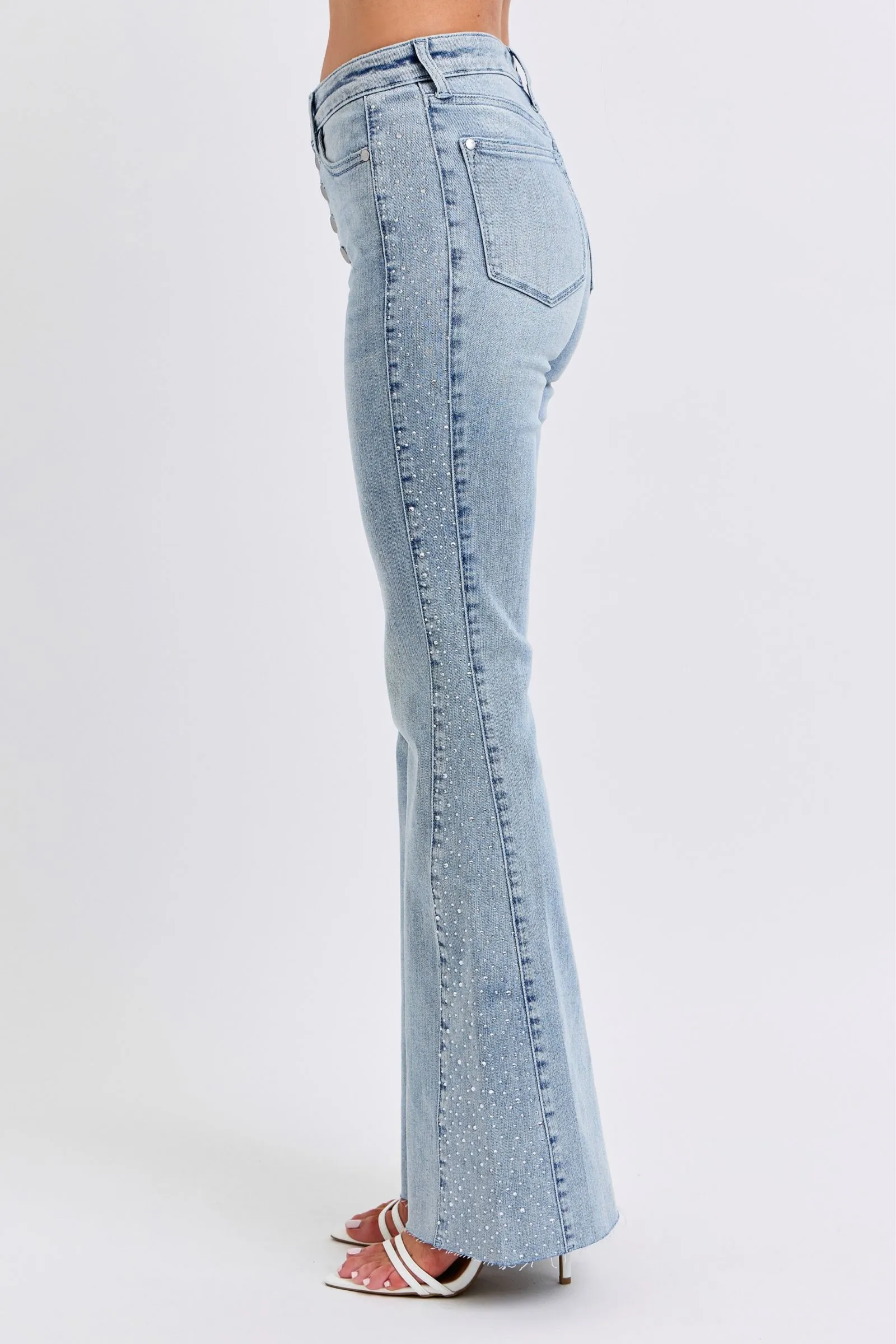 Mid Rise Flare Rhinestone Side Panel Detail Jeans by Judy Blue