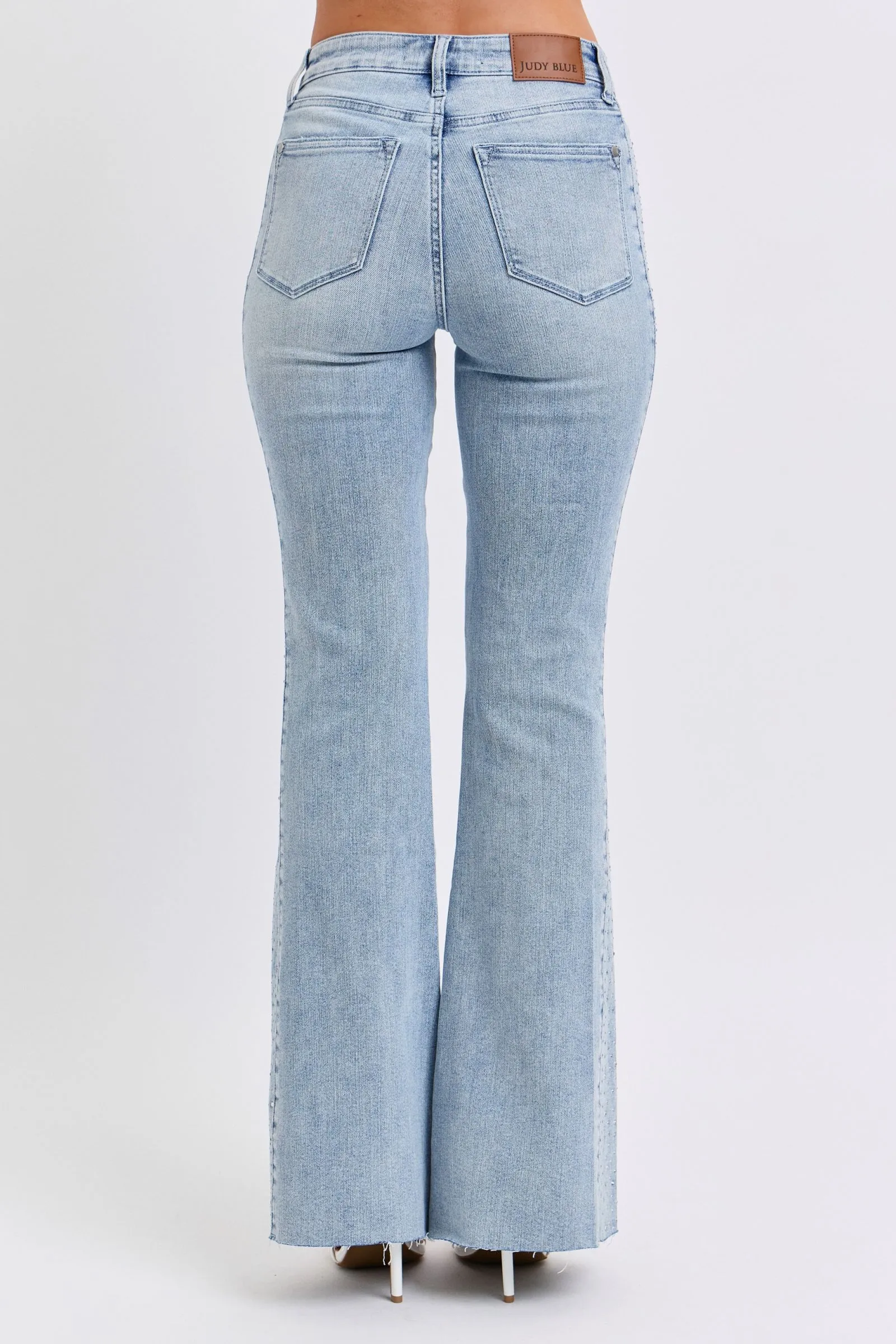 Mid Rise Flare Rhinestone Side Panel Detail Jeans by Judy Blue