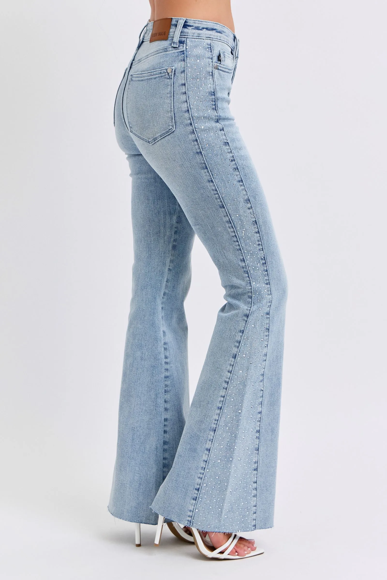 Mid Rise Flare Rhinestone Side Panel Detail Jeans by Judy Blue