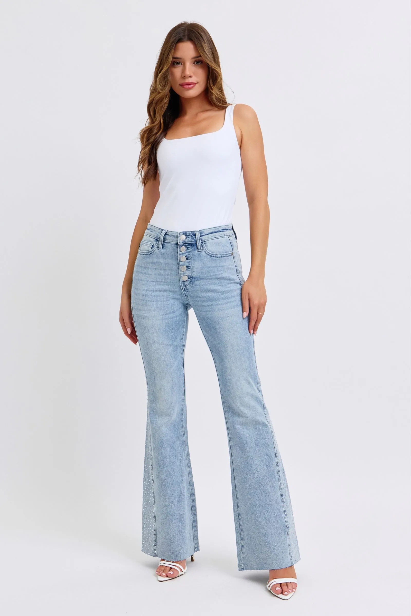 Mid Rise Flare Rhinestone Side Panel Detail Jeans by Judy Blue