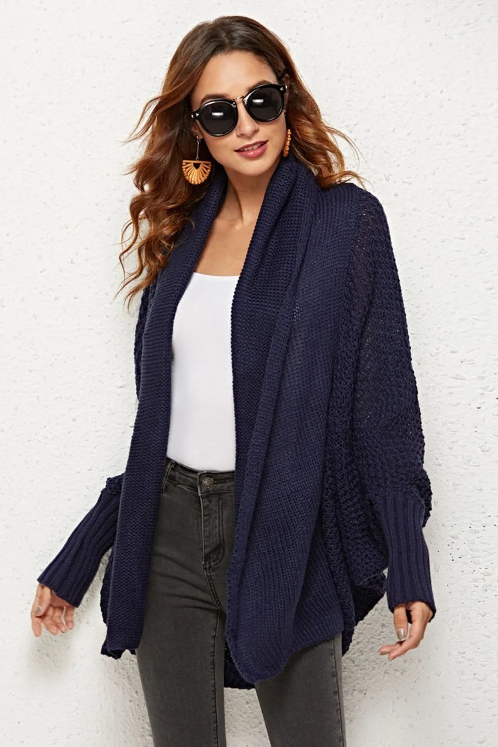 NicholesGifts Women Open Front Dolman Sleeve Longline Cardigan Color Navy, Size