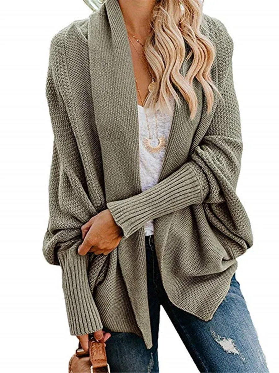 Popular Knitted Cardigan Sweater Multicolor Solid Color Bat Sleeve Ribbed Cardigan